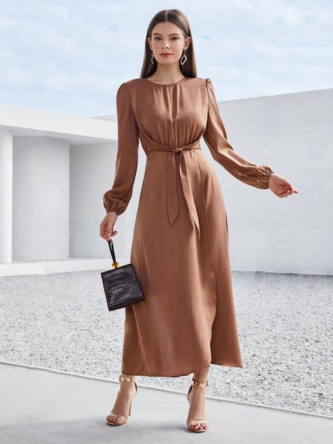 Puff Sleeve Wrap Hem Belted Dress | SHEIN USA Modest Maxi, Ditsy Floral Dress, Belted Shirt Dress, Dress Shirt Sleeves, Applique Dress, Ruffle Hem Dress, Flowy Dress, Tie Dress, Hem Dress