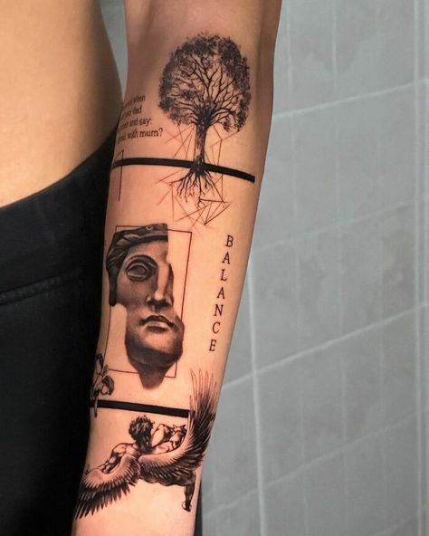 Aesthetic Forearm Patchwork Tattoos Men’s Patchwork Forearm, Patchwork Word Tattoo, Patchwork Tattoo Aesthetic, Be Here Now Tattoo, Patchwork Tattoos, Gladiator Tattoo, Patchwork Tattoo Ideas, Karma Tattoo, Tattoo Catalog