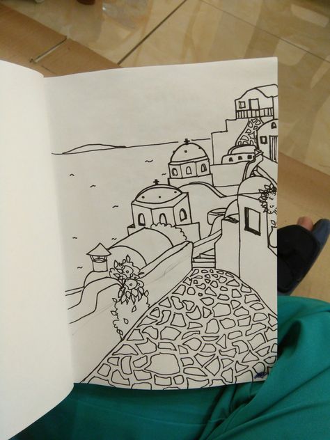 Trying my santorini drawing Greece Drawing Pencil, Greece Drawing Simple, Santorini Sketch, Drawing Of Greece, Greece Doodles, Italy Drawing Easy, Santorini Drawing, Greece Painting Easy, Santorini Tattoo