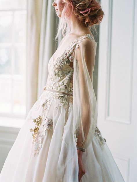 Catherine Langlois 2017 Morning Sky Collection0021 Floral Beige Wedding Dress, Cream Tulle Wedding Dress, Fairy Forest Wedding Dress, Champagne Wedding Dress Vintage, Fairy Wedding Dress Fantasy, Forest Fairy Wedding Dress, Cream Lace Wedding Dress, Bride Shots, Jasmine Wedding Dress