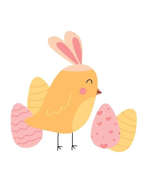 Vector illustration of a cute chick with easter eggs. Childish illustration of a cute Easter chick with bunny ears. Happy easter. Childish Illustration, Easter Happy, Easter Clipart, Easter Chick, Cute Easter, Easter Colors, Easter Chicks, Rabbit Ears, Bunny Ears