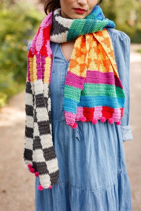 Pattern To Crochet A Wonderland Scarf … It’s A Magical Sampler and Terrific Stashbuster! - KnitHacker Afghan Scarf, Crochet Jumper, Halloween Crochet Patterns, Stitch Crochet, Colour Changing, Scarf Crochet Pattern, Crochet Woman, Halloween Crochet, Patterned Scarves