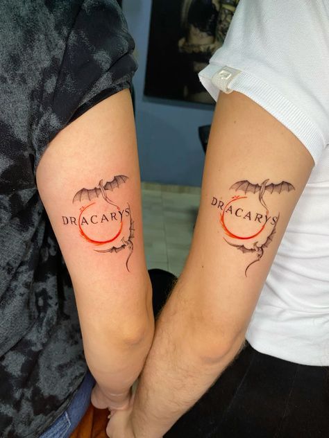 Dragon Matching Tattoos, Dragon Tattoo For Couples, Got Tattoo Ideas, House Of The Dragon Tattoo Ideas, House Stark Tattoo, House Of Dragon Tattoo, House Of The Dragon Tattoo, Game Of Thrones Tattoo Ideas, Falcon Tattoo