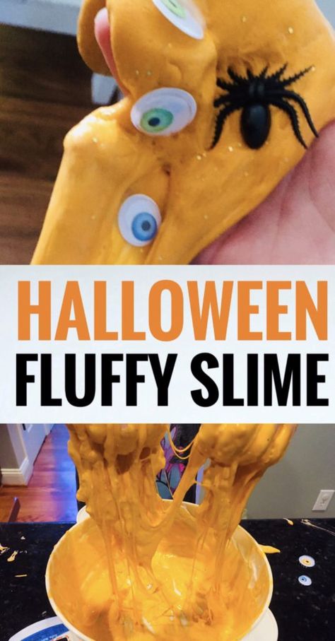 Fluffy Orange Halloween Slime is a fun craft to make with kids! This is an easy slime recipe and the googly eyes and spiders make it fun and spooky! #slime #slimerecipe #slimerecipeeasy #halloweenslime #halloweencrafts #halloweencraftsforkids #halloween Simple Slime Recipe, Spooky Slime, Halloween Slime, Rainy Day Activity, Halloween School Treats, Easy Slime Recipe, Slime Party, Halloween Treats Easy, Glitter Slime