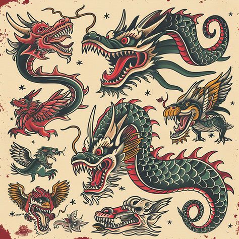 Dragon Flash Tattoo, Dragon Traditional, Flash Tattoos, Tattoo Flash, Dragon Tattoo, Flash Tattoo, Traditional Tattoo, Tattoos And Piercings, Tattoo Ideas