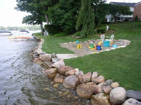 Creek Bank Landscaping, Lakehouse Backyard Landscaping, Lakeside Landscaping, Lake Landscaping, Dock Ideas, Lakeside Beach, Lakehouse Ideas, Lake Dock, Lake Ideas