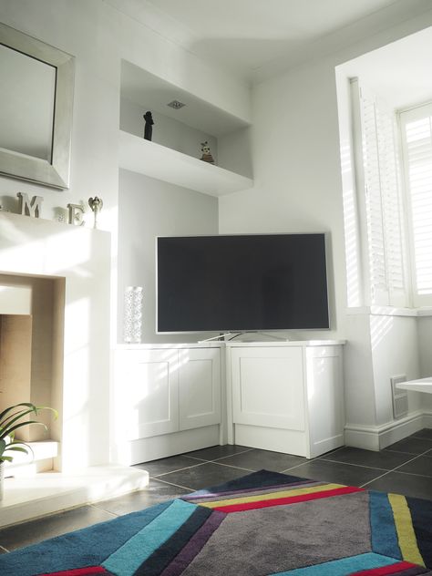 Sitting Room Units Alcove Storage, Tv In Sitting Room Ideas, Lounge With Corner Tv, Corner Tv Cabinets Built In, Corner Tv Floating Shelves, Alcove Shelving Living Room Tv, Tv On Cabinet, Tv In Alcove Ideas, Corner Alcove Ideas