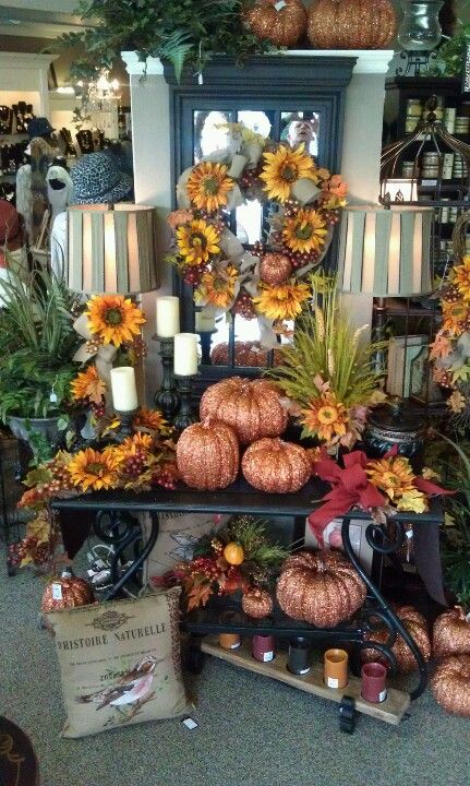 Fall Decorating ~ Something Special Easley SC Fall Flower Shop Window Display, Fall Store Displays Visual Merchandising, Autumn Window Display, Gift Shop Displays, Antique Booth Displays, Autumn Display, Craft Booth Displays, Craft Show Displays, Shop Window Displays