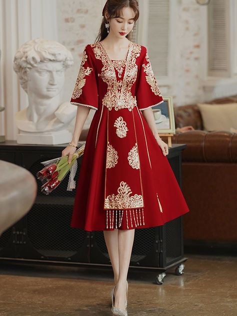 Square Neck A-Line Qipao / Cheongsam Wedding Dress - CozyLadyWear Cheongsam Wedding Dress, Cheongsam Wedding, Wedding Qipao, Wedding Cheongsam, Qipao Wedding, New Embroidery, Qipao Cheongsam, Qipao Dress, Custom Made Clothing