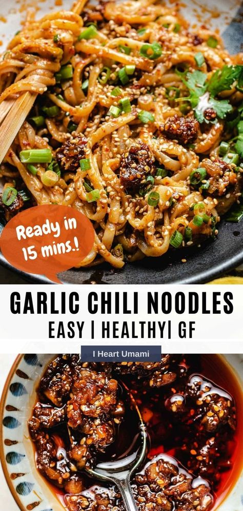 Super addicting Garlic Chili Noodles with chili garlic sauce ready in 15 mins.! Rice noodles tossed in spicy chili oil made gluten-free and easy! #noodles #chilioil #chilisauce #garlicnoodles #garlichilinoodles #asianrecipes #chineserecipes #glutenfreerecipes Gluten Free Spicy Noodles, Whole 30 Rice Noodle Recipes, Garlic Chili Noodles Recipe, Meal Prep Rice Noodles, Dinner With Rice Noodles, Chili Oil Noodles With Shrimp, Chili Garlic Rice Noodles, Chili Beef Noodles, Honey Garlic Chili Crisp Noodles