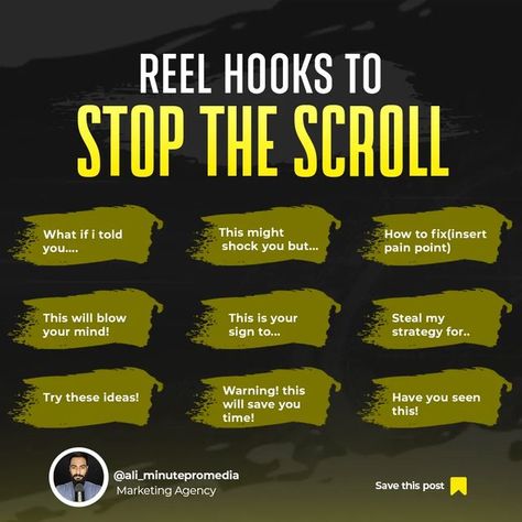 Best Time To Post On Instagram In India, Instagram Scrolling Video, How To Get More Views On Reels, Social Media Caption Hooks, Social Media Hook Ideas, Reel Hooks Instagram, Hook Ideas For Reels, Hooks For Instagram Reels, Video Hooks