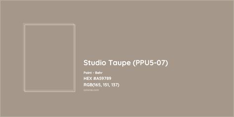 HEX #A59789 Studio Taupe (PPU5-07) Paint Behr - Color Code Taupe Hex Code, Behr Studio Taupe, Studio Taupe Behr, Taupe Paint Colors, Munsell Color System, Colour Palate, Analogous Color Scheme, Taupe Paint, Paint Color Codes