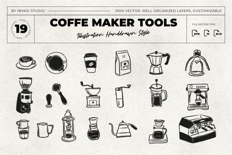 Hand-Drawn Coffee Maker Tools Illustration Coffee Maker Illustration, Coffee Machine Illustration, Coffee Ads, Tools Illustration, Small Illustrations, Coffee Tools, Coffee Doodle, Bold Logo Design, Small Coffee Shop