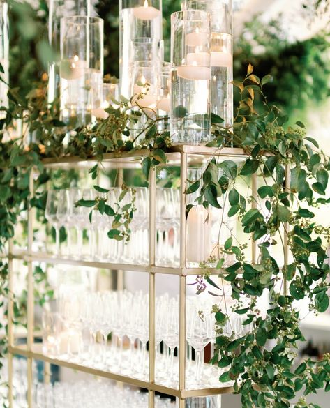 Champagne Shelves, Candle Shelf, Greenery Flowers, Bar Shelves, Greenery Arrangements, Party 2023, Moody Wedding, Back Bar, Ft Worth