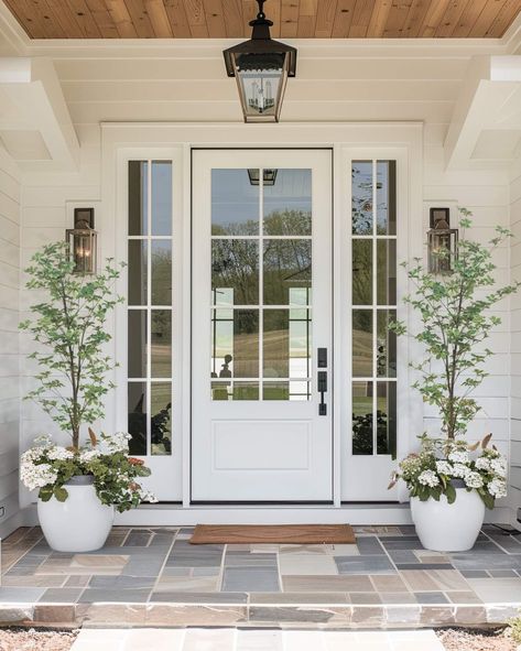 Tan Front Door White House, White Front Door With Sidelights, Exterior Back Door, Tall Front Door, Front Doors With Sidelights, Front Door With Sidelights, Front Porch Remodel, Country Core, Door With Sidelights