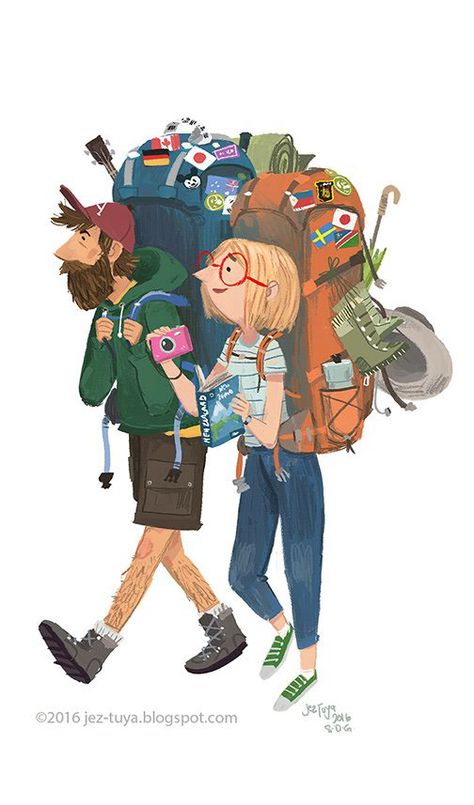 I find travelers that haul large, overloaded backpacks fascinating 동화 삽화, Couple Drawing, Desain Editorial, 캐릭터 드로잉, Couple Illustration, Travel Illustration, Hand Drawing, Illustration Character Design, Childrens Illustrations