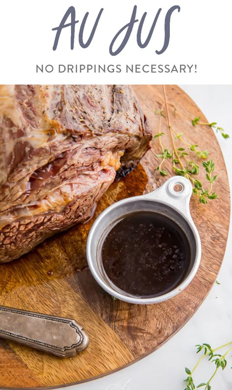 This au jus recipe is so rich and flavorful and can be made with or without drippings! Perfect alongside my easy prime rib recipe, for French dip sandwiches, or over beef and noodles. So much flavor, quick, and easy. #dinner #sauce #holidays #christmasrecipes #beef Steak Au Jus Recipe, August Jus Recipe, Beef Dipping Sauce, Au Jus Recipe Easy With Drippings, Best Au Jus Recipe, Au Jus Recipe Easy Without Drippings, Aujus Sauce Recipe Easy, Au Jus Without Drippings, Beef Dip Au Jus