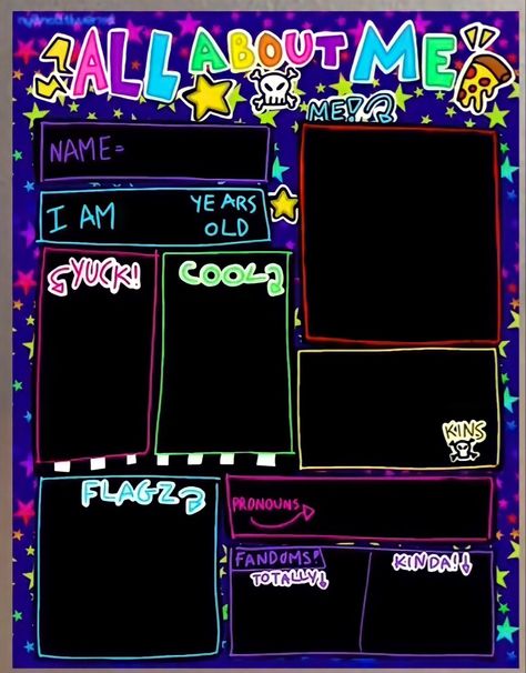 *not mine* by nyancatluverxD or xx_codezombie_xx Scene Kid Art, About Me Template, Character Sheet Template, Scene Core, Emo Art, Drawing Prompt, Scene Kids, All About Me, Character Sheet