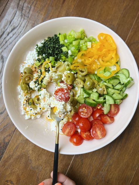 Savory Cottage Cheese Bowls - Natalie Mason Caprese Cottage Cheese, Savory Greek Cottage Cheese Bowl, Cottage Cheese Greek Bowl, Mediterranean Cottage Cheese Bowl, Vegetarian Cottage Cheese Recipes, Mustard Cottage Cheese Plate, Savory Cottage Cheese Bowl, Cottage Cheese Bowls Savory, Cottage Cheese Bowls Lunch