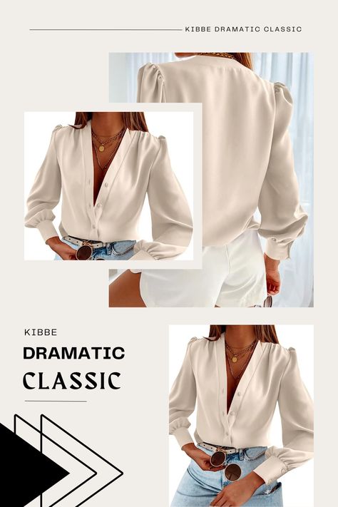 Women's Business Casual Tops Summer Long Sleeve Silk Button Down Shirts V Neck Chiffon Blouses… perfect for a kibbe dramatic classic outfit! tailored chic. refined. elegant. angular. sleek. clean. balanced. symmetrical. Dramatic Classic Evening Wear, Dramatic Classic Casual Outfits Summer, Dramatic Classic Summer Outfit, Dramatic Classic Casual, Kibbe Dramatic Classic Outfits, Soft Dramatic Summer Outfit, Satin Blouse Outfit Classy, Dramatic Classic Casual Outfits, Dramatic Classic Kibbe Style