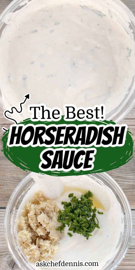 If you’re looking for the Best Horseradish Sauce recipe, you’ve come to the right place! This creamy horseradish sauce has been served at restaurants throughout Chef Dennis' my career, and we've yet to find a better one. Try it today! Best Horseradish Sauce, Horseradish Sauce Recipe, Prime Rib Sauce, Homemade Horseradish, Horseradish Recipes, Horseradish Cream Sauce, Creamy Horseradish, Creamy Horseradish Sauce, Sandwich Sauces