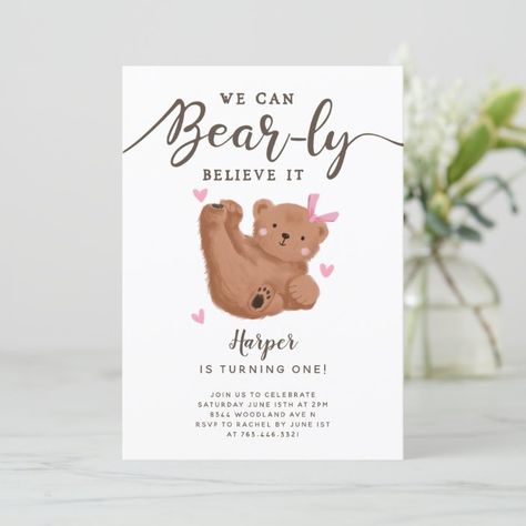 Bear Themed Birthday Party Girl, Teddy Bear 1st Birthday Girl, Bear 1st Birthday Party Girl, Bear First Birthday Party Girl, Teddy Bear First Birthday Girl, Beary First Birthday Girl, Teddy Bear Invitation Template, Teddy Bear Birthday Theme, Baby Milestone Ideas