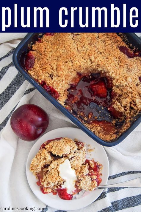 This plum crumble is a delicious combination of oozing, juicy fruit and sweet buttery crumb topping. This take on the dessert has a gentle warm spice flavor and a touch of almond in the crumble topping that all pair perfectly. #plums #crumble #summerdessert Plum Dessert, Plum Crumble, Welsh Recipes, Dessert From Scratch, British Recipes, Plum Recipes, Copy Cats, Oat Crumble, Pie Crumble