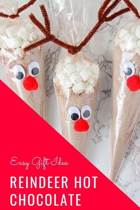 Reindeer hot chocolate bags are an easy and fun gift idea for this Holiday season.  Using just a few simple items, you can quickly make these adorable reindeer cocoa gifts for everyone on your list. #reindeerhotchocolatecones #reindeerhotchocolatebags #reindeerhotcocoacraft #diyreindeerhotchocolate #reindeerhotcocoabags Hot Cocoa Bags, Reindeer Hot Chocolate Cones, Hot Chocolate Cones, Holiday Gifts For Teachers, Wood Projects Christmas, Christmas Wood Projects, Reindeer Hot Chocolate, Hot Cocoa Gift, Cocoa Gift