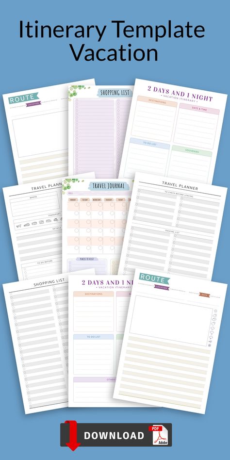 Daily Travel Itinerary Template, Vacation Planner Template Free Printable, Trip Itinerary Template Free Printable, Travel Itinerary Template Printable Free, Daily Itinerary Template, Travel Planner Printable Free, Vacation Planning Printables, Trip Planner Template, Workout Tracker Printable Free