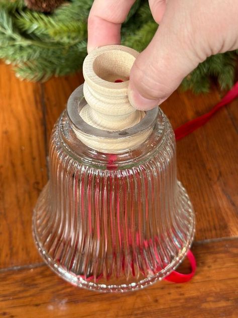 DIY Christmas Bells Made from Upcycled Glass Shades - Chandelier Shade Bells, Chandelier Shade Bells Diy, Crafts Using Light Globes, Bells Made From Glass Shades, Vintage Glass Upcycle, Glass Lampshade Repurpose, Glass Light Covers Repurposed, Diy Glass Lamp Shade, Ceiling Fan Globes Ideas