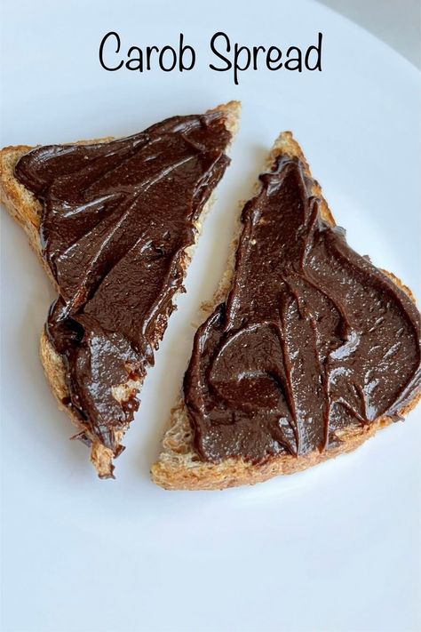 Carob spread on two toast triangles. Raw Carob Recipes, Carob Chocolate Recipe, Carob Bars, Carob Powder Recipes, Carob Chips Recipes, Carob Brownies, Carob Recipes, Carob Chocolate, Vegan Protein Cookies