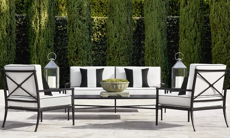 Restoration Hardware Creates a French-Inspired Garden Collection with a Hamptons Twist Modern Entry Table, Restoration Hardware Outdoor, Living Pool, Aluminum Furniture, Pool Bar, Udaipur, Furniture Collections, Furniture Set, Restoration Hardware