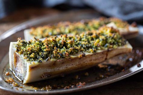 Bone Marrow Canoes, Parsley & Garlic Crumb Recipe Roasted Marrow Bones, Roasted Bone Marrow Recipe, Bone Marrow Recipe Roasted, Florida Thanksgiving, Bone Marrow Recipe, Salmon Sauce Recipes, Marrow Recipe, Salmon Sauce, Roasted Bone Marrow