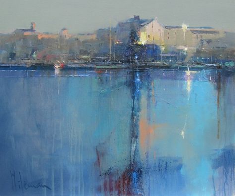 Dusk, Mahon, Menorca  by Peter Wileman FROI RSMA FRSA Mahon Menorca, Peter Wileman, Lime Tree, Paintings Abstract, Beach Water, Abstract Expressionism Painting, Cityscape Painting, Abstract Art Landscape, Landscape Artist