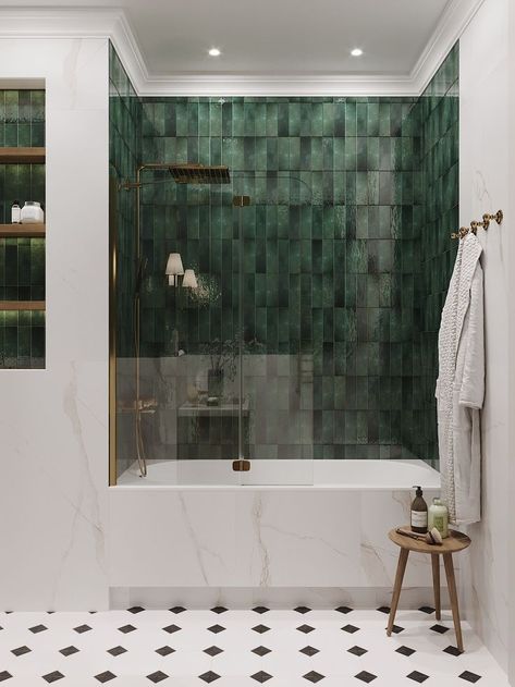 Green Bathroom Bathtub, Green Bathroom With Bathtub, Two Tiles In Bathroom, Green Tile Bathroom With Tub, Green Tile Bathtub, Blue Green Bathroom Tile, Emerald Tile Bathroom, Small Bathroom With Tub Remodel, Dark Bathroom Remodel