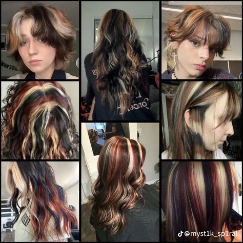 Natural But Unique Hair Colors, 90s Highlights Hair Curly, Calico Hair Streaks, Curly Dyed Highlights, Red And White Skunk Hair, Brown Hair With Multi Colored Highlights, Calico Hair Tutorial, Short Hair Peekaboo Highlights, Layered Hair Dyed Tips