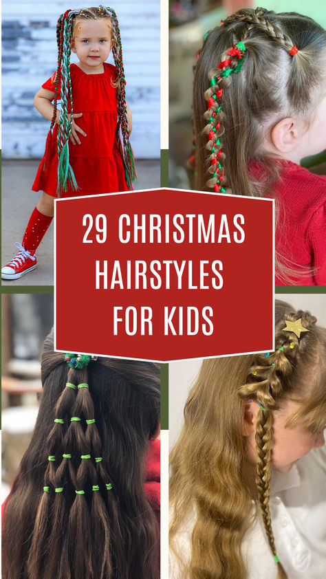 29 Christmas Hairstyles for Kids – Best Case Parenting Festive Hairstyles Christmas Kids, Kids Silly Hair Day, Christmas Elf Hairstyles Kids, Girls Christmas Hairstyles Easy, Candy Cane Hairstyles For Kids Easy, Christmas Tree Braid Hair, Christmas Hair Styles Kids, Christmas Picture Hair Ideas Kids, Holiday Kids Hairstyles