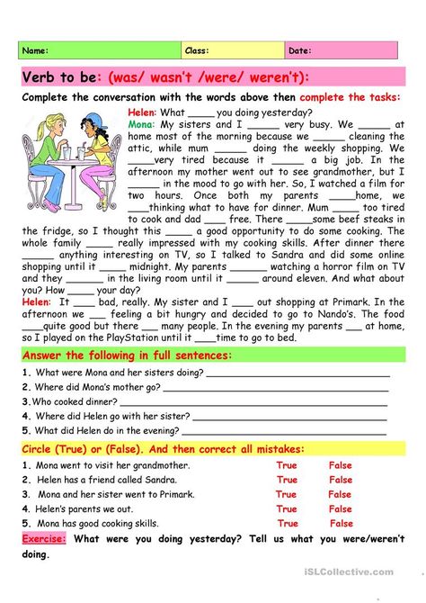 Verb to be: was/wasn't/were/weren't - English ESL Worksheets for distance learning and physical classrooms Form 1 English Worksheets, Was Were Worksheet, Was Were, To Be Worksheet, Verb To Be, Teach English To Kids, Reading Comprehension Kindergarten, English Grammar Rules, Reading Comprehension Lessons