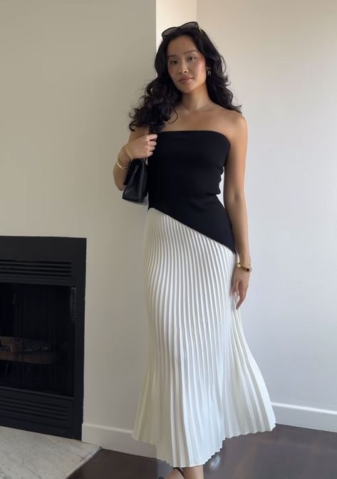 Long Black Skirt Outfit Elegant, Maxi Skirt Dinner Outfit, Shoes For Long Dress, Elegant Summer Clothes, Clothes Color Combinations Woman Outfits, Outfits With Long Skirts Black, Tube And Skirt Outfit, Modest Dresses Classy, Black And White Outfit Ideas Party