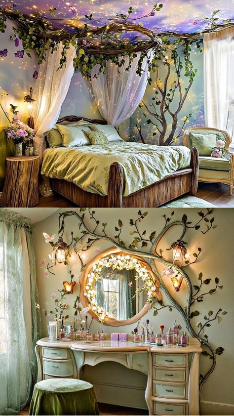 Rapunzel Room Ideas, Fairy Theme Bedroom Ideas, Fairytale Theme Bedroom, Fairy Cottage Room, Fae Bedroom Aesthetic, Hobbit Aesthetic Bedroom, Fantasy Bedroom Ideas Fairytale, Faerie Bedroom, Fairy Cottage Core Bedroom