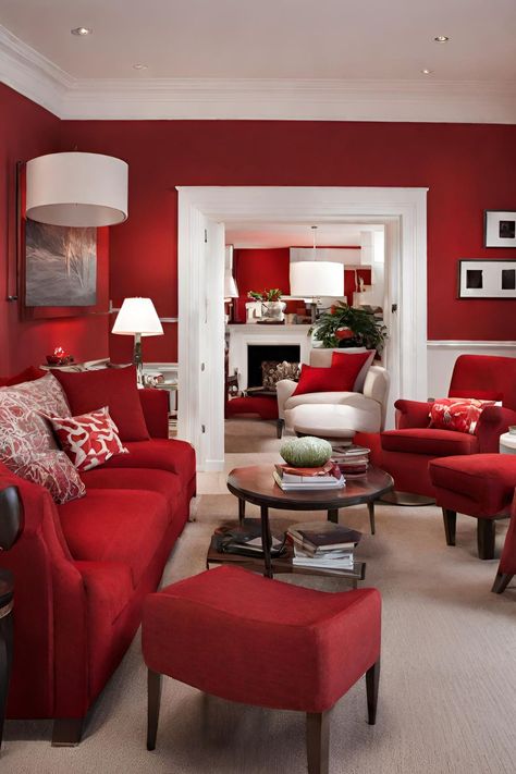 Red is a fantastic way to infuse vitality, warmth, and passion into your living room. Our collection is designed to help you harness the enchanting power of red to transform your space. From red curtains to wall colors, furniture choices to accessories, we've meticulously curated decoration ideas that will imbue your living area with a strong character and a warm ambiance. Be ready to play with every shade of red - romantic burgundy, vibrant crimson, or elegant wine hues. Revitalize your living Red Couch Living Room Ideas Apartments, Red Living Room Decor Ideas, Red Couch Living Room, Red Living Room Decor, Red Living Room, Red Furniture, Red Living, Red Couch, Elegant Wine