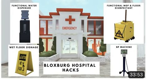 Bloxburg Exterior Hacks, Bloxburg Hospital Ideas, Bloxburg Hospital Decals, Hotel Decals Bloxburg, Bloxburg Hospital, Bloxburg Business, Town Bloxburg, Bloxburg Castle, Hotel Codes