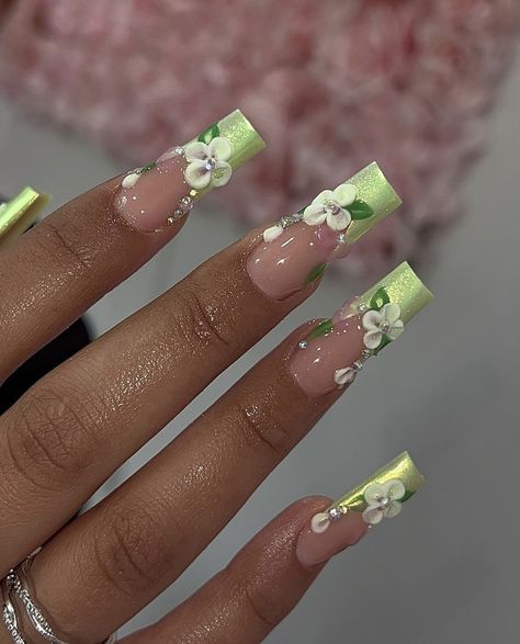 Tiana Themed Nails, Princess In The Frog Nails, Princess Tiana Nails Short, Princess And The Frog Themed Nails, Princess Tiana Nails Acrylic, Light Green Nails Acrylic, Princess And The Frog Nails Acrylic, Gem Nail Designs, Tiana Dress