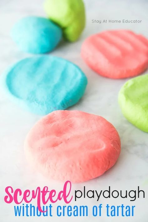 Super Easy Playdough Recipe Without Cream of Tartar Homemade Playdough Without Tartar, Playdough Recipe Without Cream Of Tartar, Playdough Without Cream Of Tartar, Cream Of Tartar Substitute, Scented Playdough Recipe, Tartar Recipe, Cream Of Tartar Recipe, Easy Playdough, Edible Sensory Play