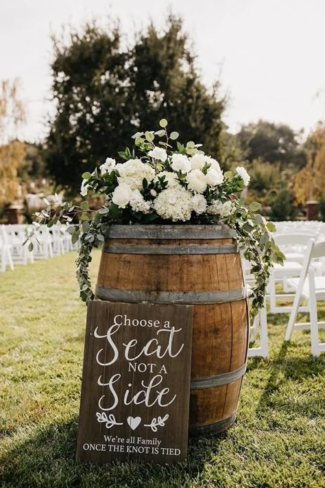 36 Rustic Wedding Decor For Country Ceremony ❤ rustic wedding decor for outdoor aisle with winebarrel greenery and white flowers nicole leever photography #weddingforward #wedding #bride #rusticwedding #rusticweddingdecor Country Ceremony, Rustic Wedding Ceremony Decor, Rustic Wedding Decorations, Rustic Wedding Ceremony, Wedding Ceremony Ideas, Wedding Ceremony Signs, Country Wedding Decorations, Ceremony Signs, Diy Outdoor Decor