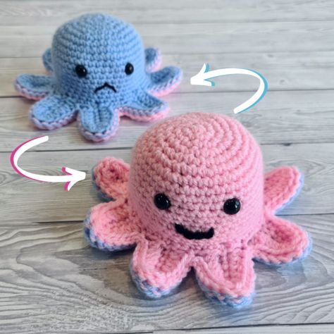 Free Reversible Crochet Patterns, Reversible Octopus, Reversible Mood Octopus Crochet Pattern Free, Crochet Flip Octopus Free Pattern, Crochet Reversible Octopus Free Pattern, Small Octopus Crochet Pattern, Reversible Octopus Plush Pattern, Crochet Reversible Octopus, Double Sided Octopus Crochet