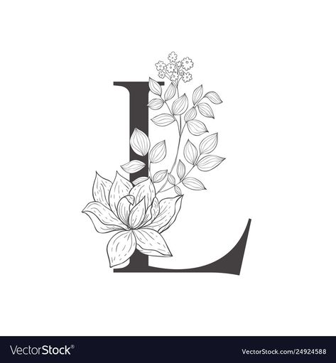 Letters Flowers Design, Letter Flower Tattoo, Letters With Flowers Tattoo, Name With Flowers Drawing, Letter And Flower Tattoo, Initial With Flower Tattoo, Flower With Letter Tattoo, Line Art Letters, Letter With Flowers Tattoo