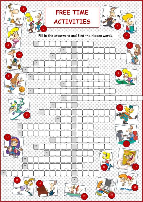 Free Time Activities Crossword - English ESL Worksheets for distance learning and physical classrooms Freetime Activities, Free Time Activities, Vocabulary Exercises, English Exercises, English Games, Activities For Teens, Icebreakers, English Language Teaching, English Activities