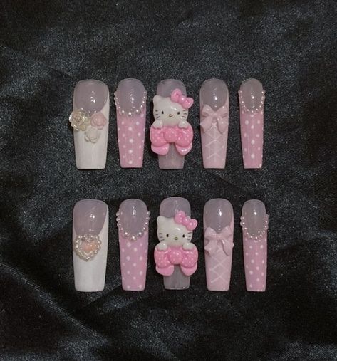 Sanrio Acrylic Nails, Cute Pink Nails, Kitty Nails, Duck Feet, Diy Acrylic Nails, Cute Acrylic Nail Designs, Pink French, Hello Kitty Nails, Really Cute Nails