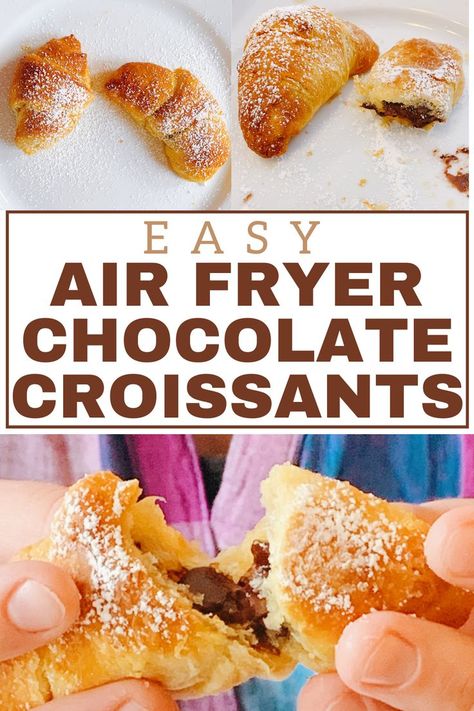 Chocolate crescent roll recipes: air fried crescent rolls are ooey and gooey chocolate filled croissants! Quick and easy recipes: 5 minutes! #airfryerrecipes #croissants #easydesserts #breakfastideas Chocolate Crescent Rolls Croissants, Crescent Roll Recipes Pillsbury, Air Fryer Crescent Roll Doughnut, Air Fryer Chocolate Croissant, Crescent Roll Chocolate Croissant, Air Fryer Crescent Roll Dessert, Air Fryer Nutella Crescent Rolls, Air Fryer Crescent Roll Recipes Dessert, Chocolate Cresent Rolls Pillsbury